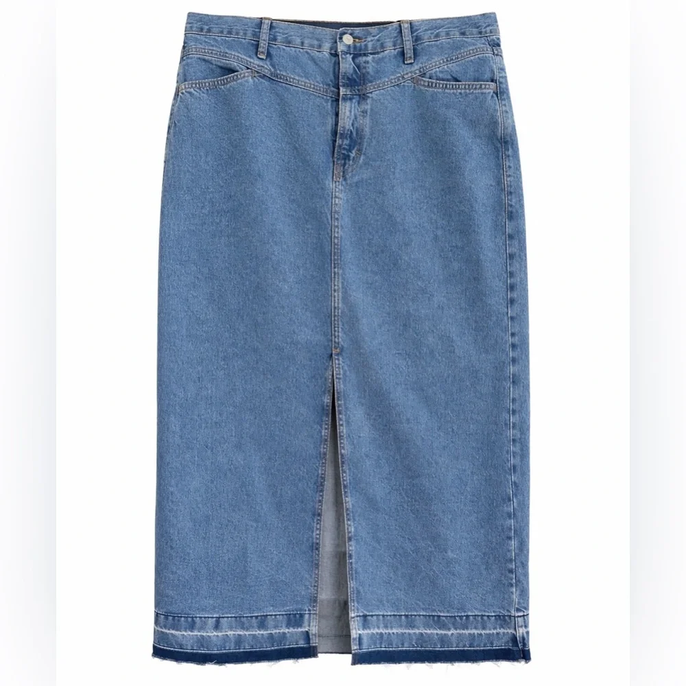 MNG Mango Denim Maxi Skirt Front Slit Raw Hem Blue Size XXL‎